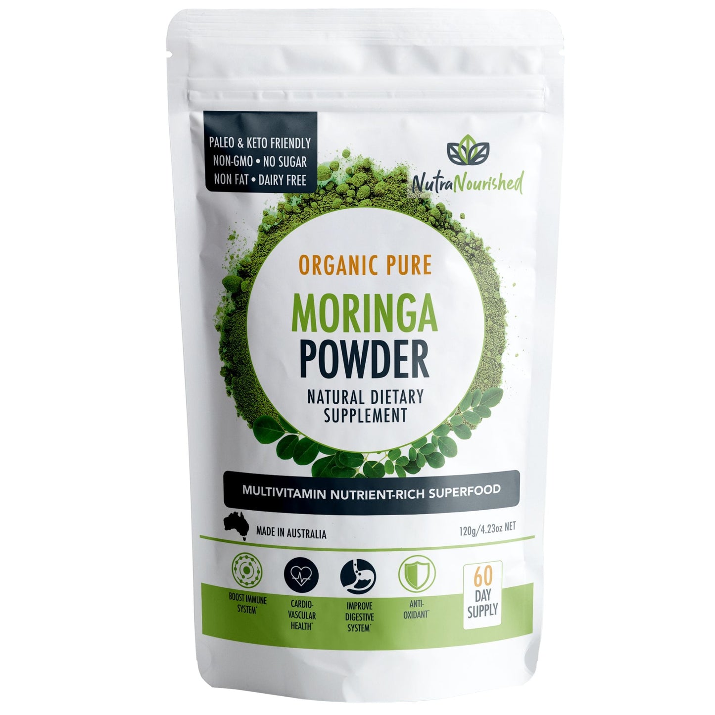 Nutra Nourished Organic Pure Moringa Leaf Powder - 120g/2 Month Supply - Nutrient-Rich Superfood Powder