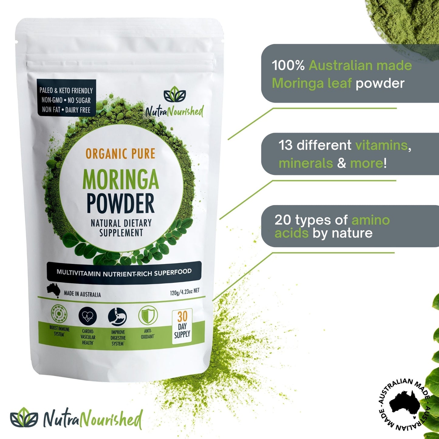 Nutra Nourished Organic Pure Moringa Leaf Powder - 120g/2 Month Supply - Nutrient-Rich Superfood Powder