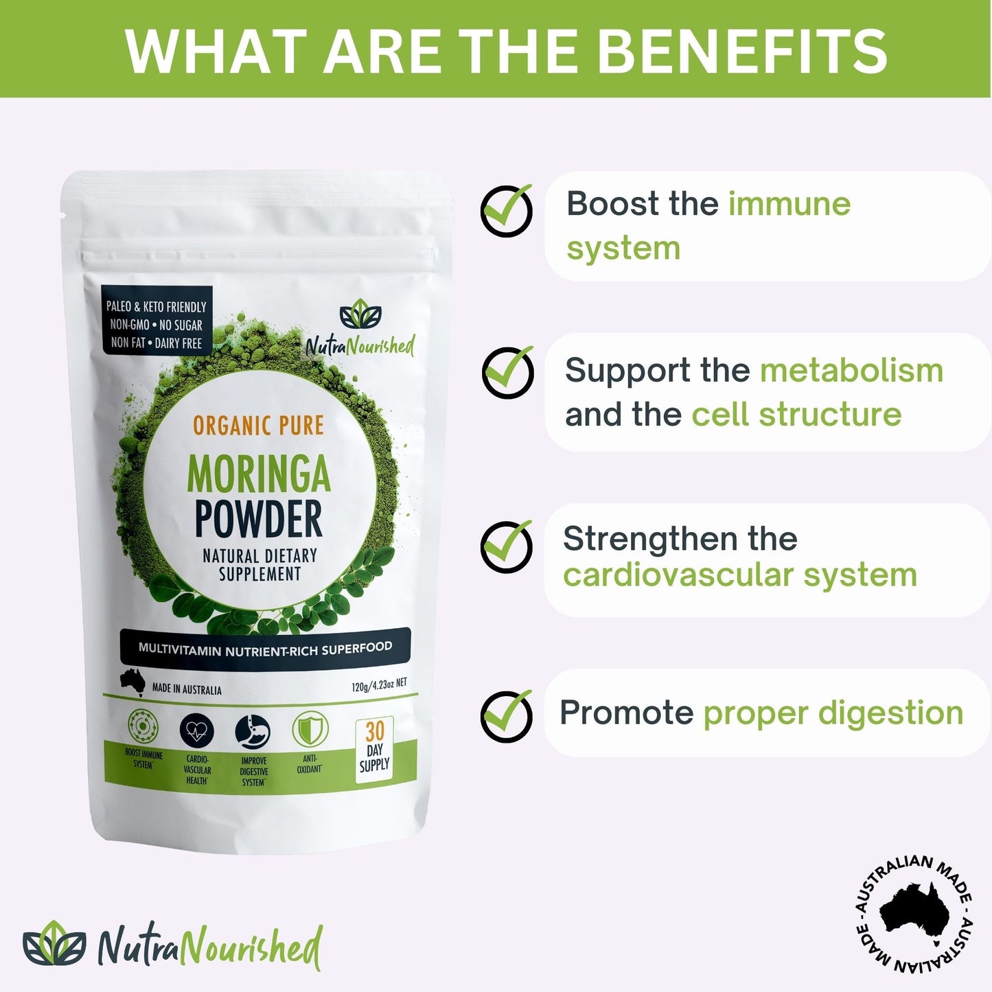 Nutra Nourished Organic Pure Moringa Leaf Powder - 120g/2 Month Supply - Nutrient-Rich Superfood Powder