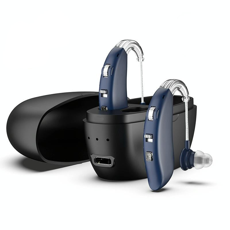 Rechargeable Hearing Aid Amplifier With Charging Pod Blue+Black