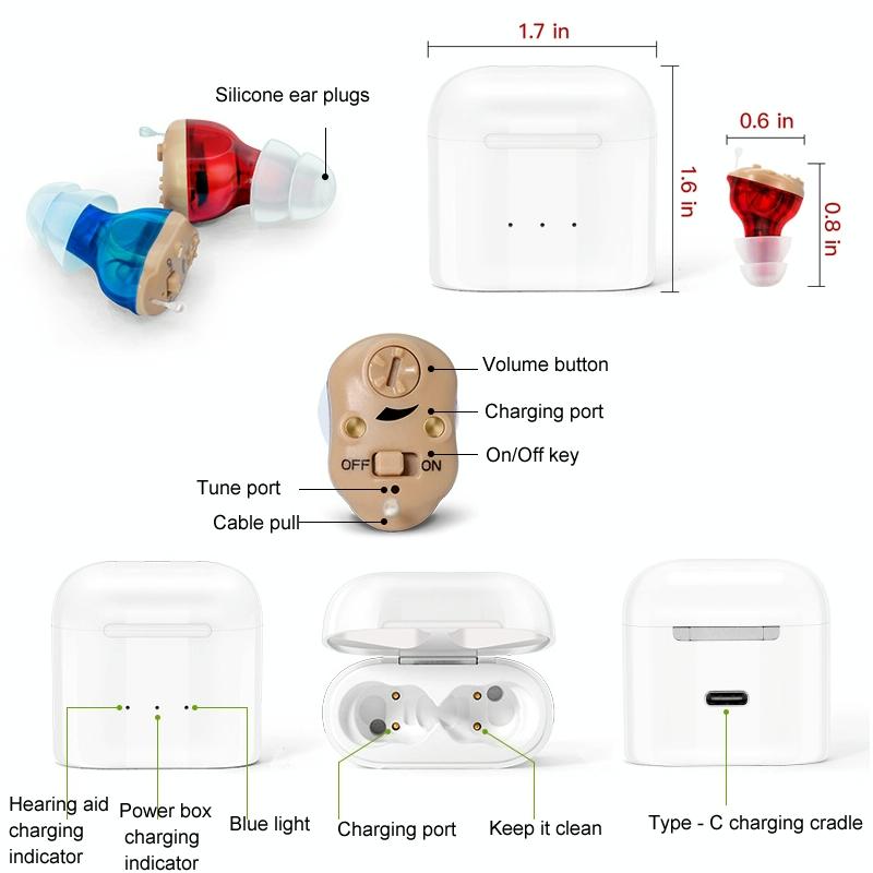 Rechargeable Cic Hearing Aids Type C Port Invisible Red / Blue