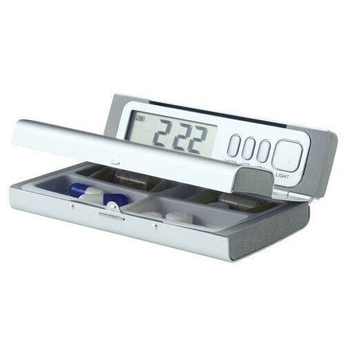 3 x Travel Pill Box with 4 Daily Alarms – Portable Medication Reminder Case in Matte Silver Aluminium