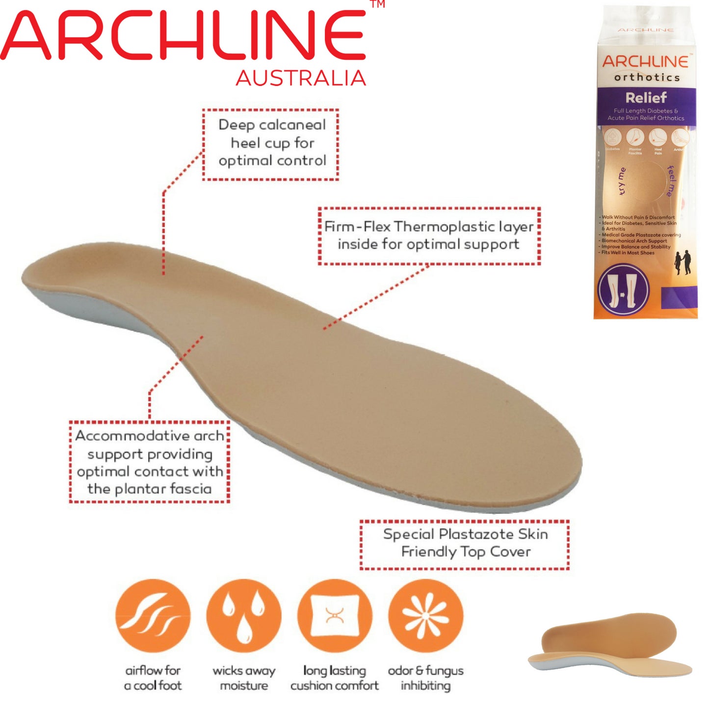 ARCHLINE Insoles Orthotics Full Length Arch Support Diabetics Plantar Fasciitis - EUR 40