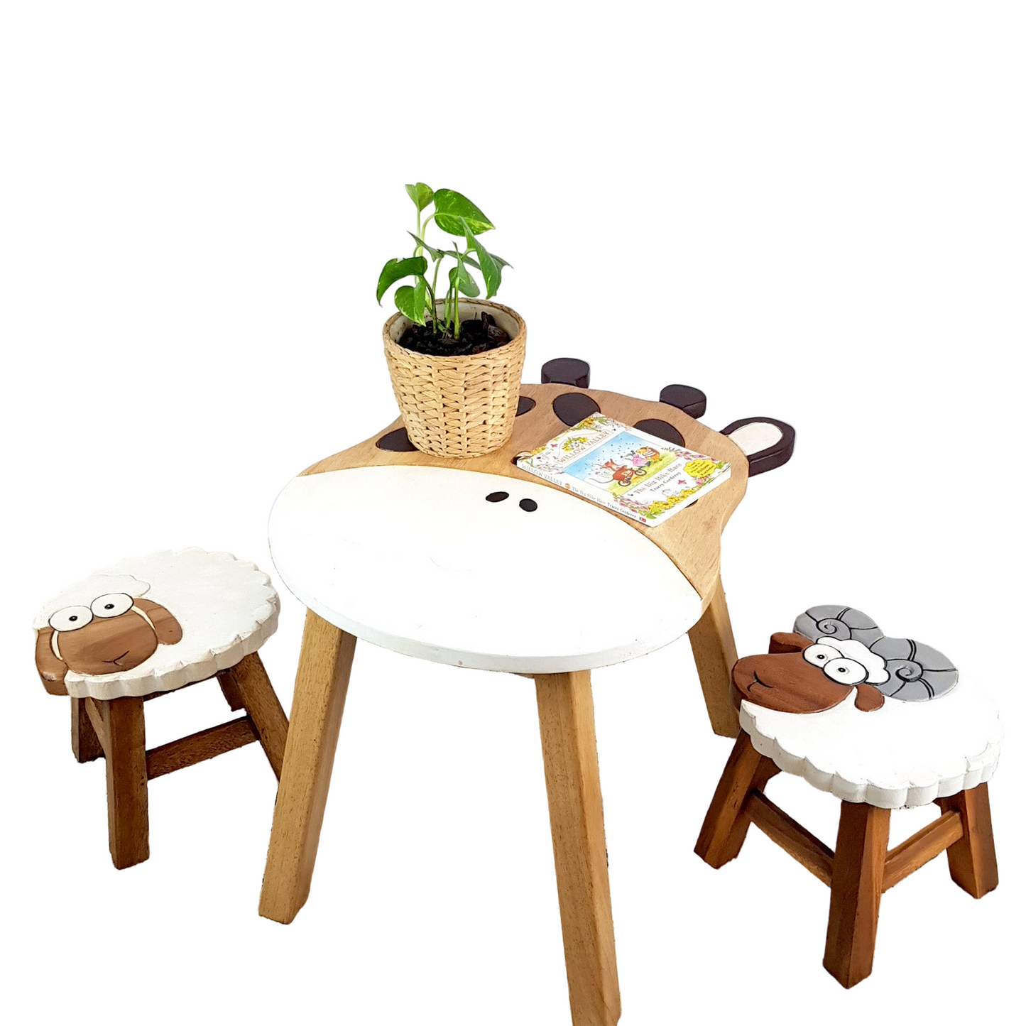 Giraffe Kids Table Set with Sheep & Ram Stools – Handmade Solid Hardwood