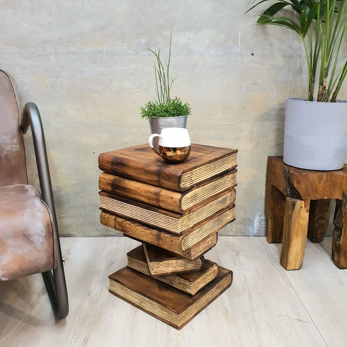 Artisan Handmade Book Stack Side Table with Storage | Hardwood Bedside Table Natural Burned