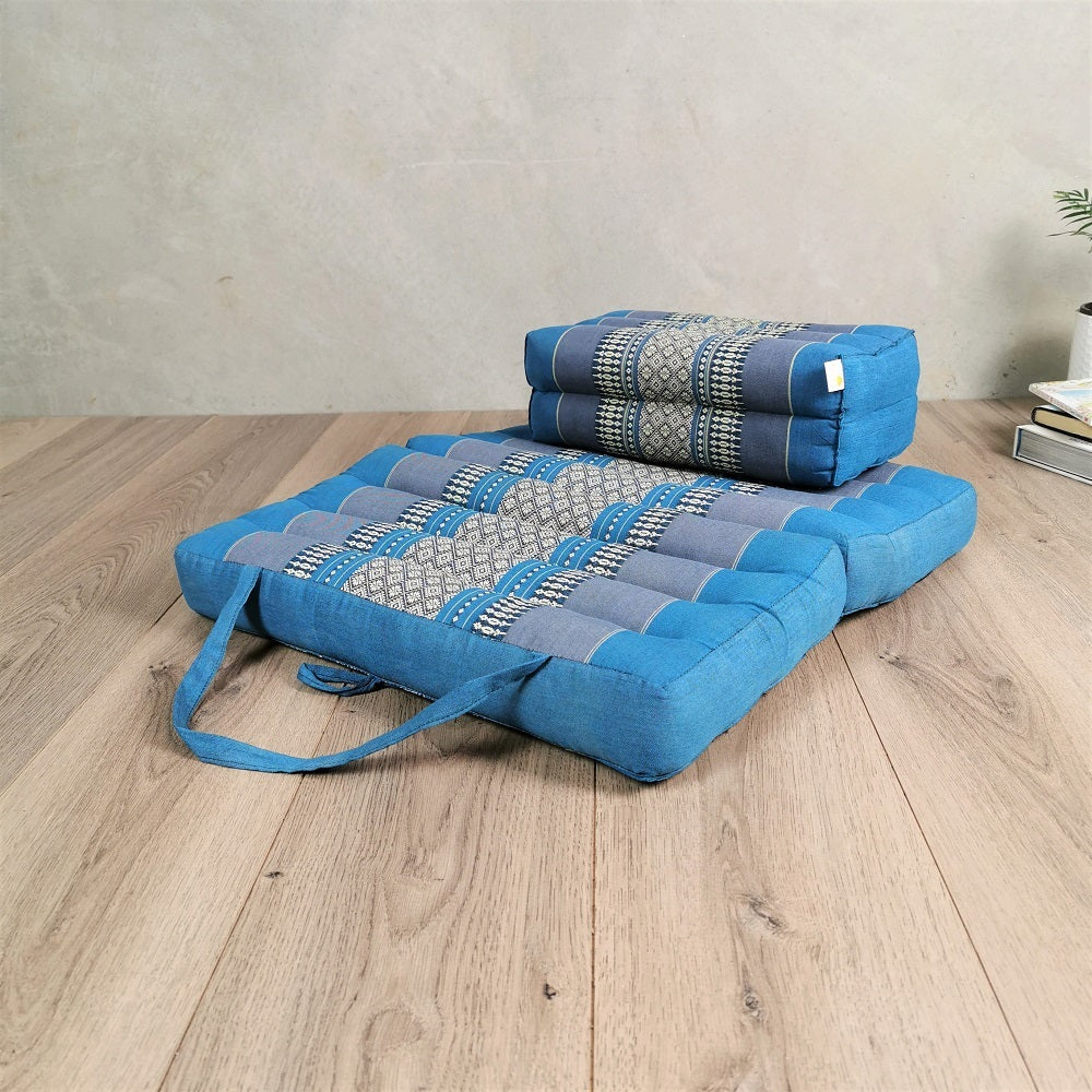 Foldable Meditation Cushion + Kapok Yoga Block Set | Handmade Thai Floor Mat with Handle | Supportive Allergen-Free Seating for Yoga, Meditation, or Travel