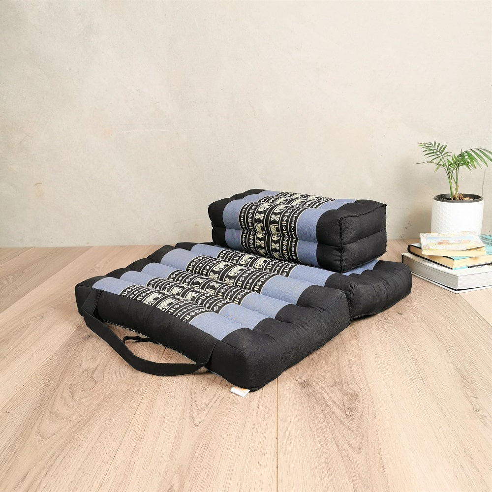 Foldable Meditation Cushion + Kapok Yoga Block Set | Handmade Thai Floor Mat with Handle | Supportive Allergen-Free Seating for Yoga, Meditation, or Travel