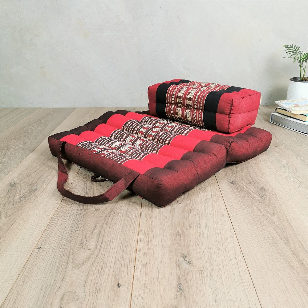 Foldable Meditation Cushion + Kapok Yoga Block Set | Handmade Thai Floor Mat with Handle | Supportive Allergen-Free Seating for Yoga, Meditation, or Travel