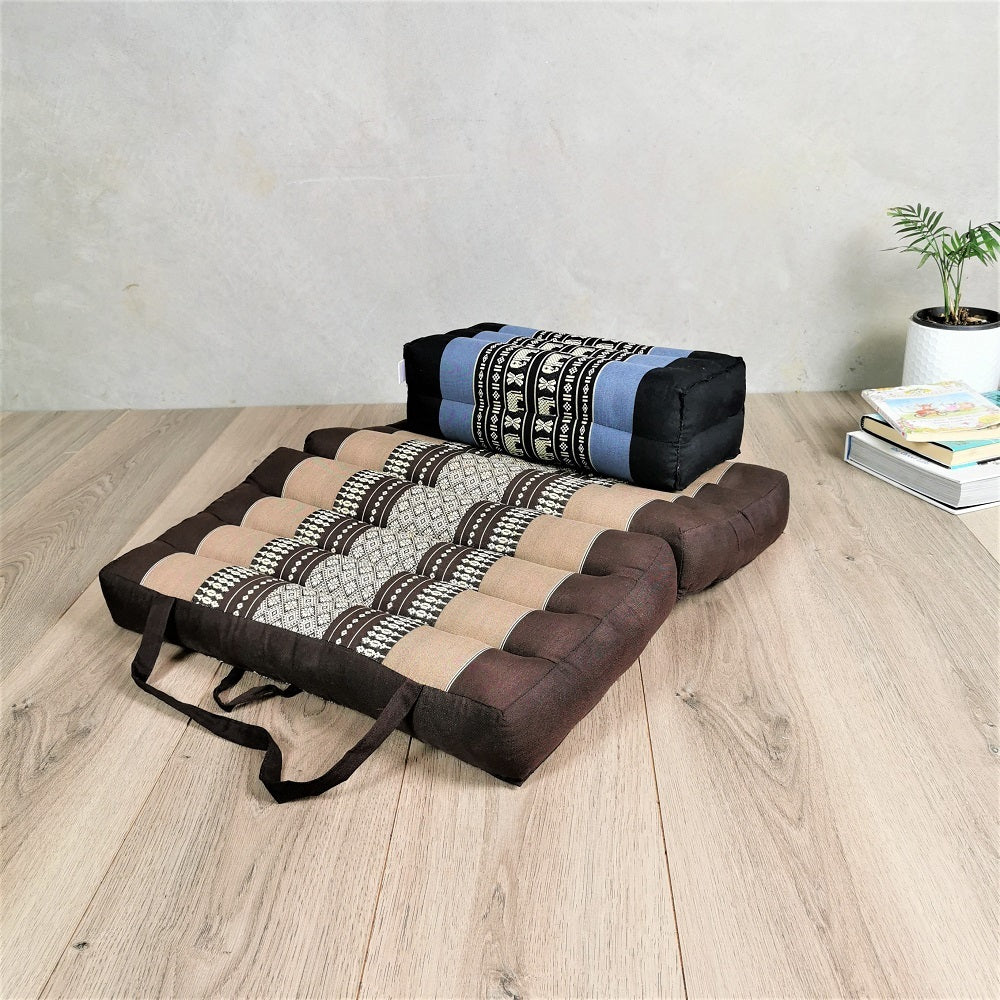 Foldable Meditation Cushion + Seating Block Set| Handmade Thai Kapok Floor Mat with Handle Brown Seat & Blue Block