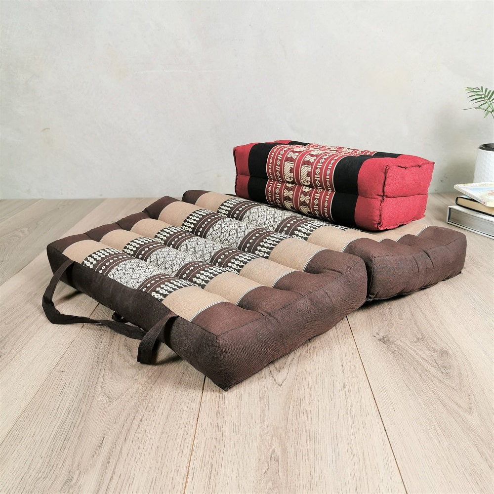 Foldable Meditation Cushion + Seating Block Set| Handmade Thai Kapok Floor Mat with Handle | Brown Seat & Red Block