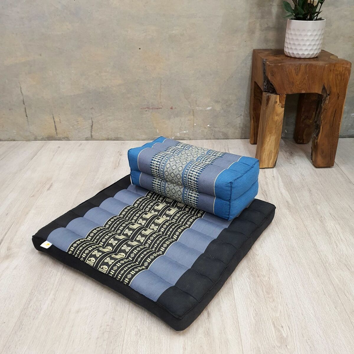 Foldable Meditation Cushion + Seating Block Set| Handmade Thai Kapok Floor Mat with Handle | Navy Seat & Blue Block