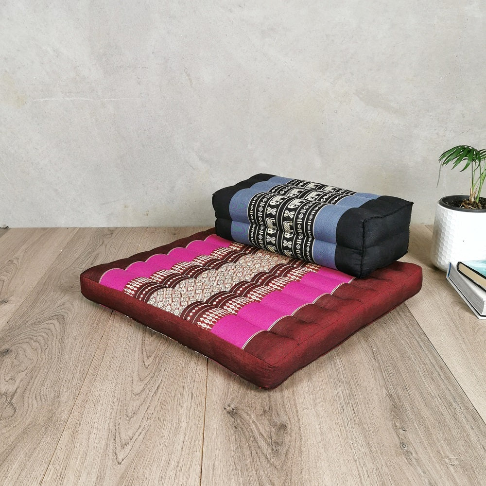 Foldable Meditation Cushion + Seating Block Set| Handmade Thai Kapok Floor Mat with Handle | Pink Seat & Navy Block