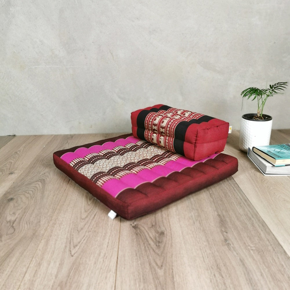 Foldable Meditation Cushion + Seating Block Set| Handmade Thai Kapok Floor Mat with Handle | Pink Seat & Red Block