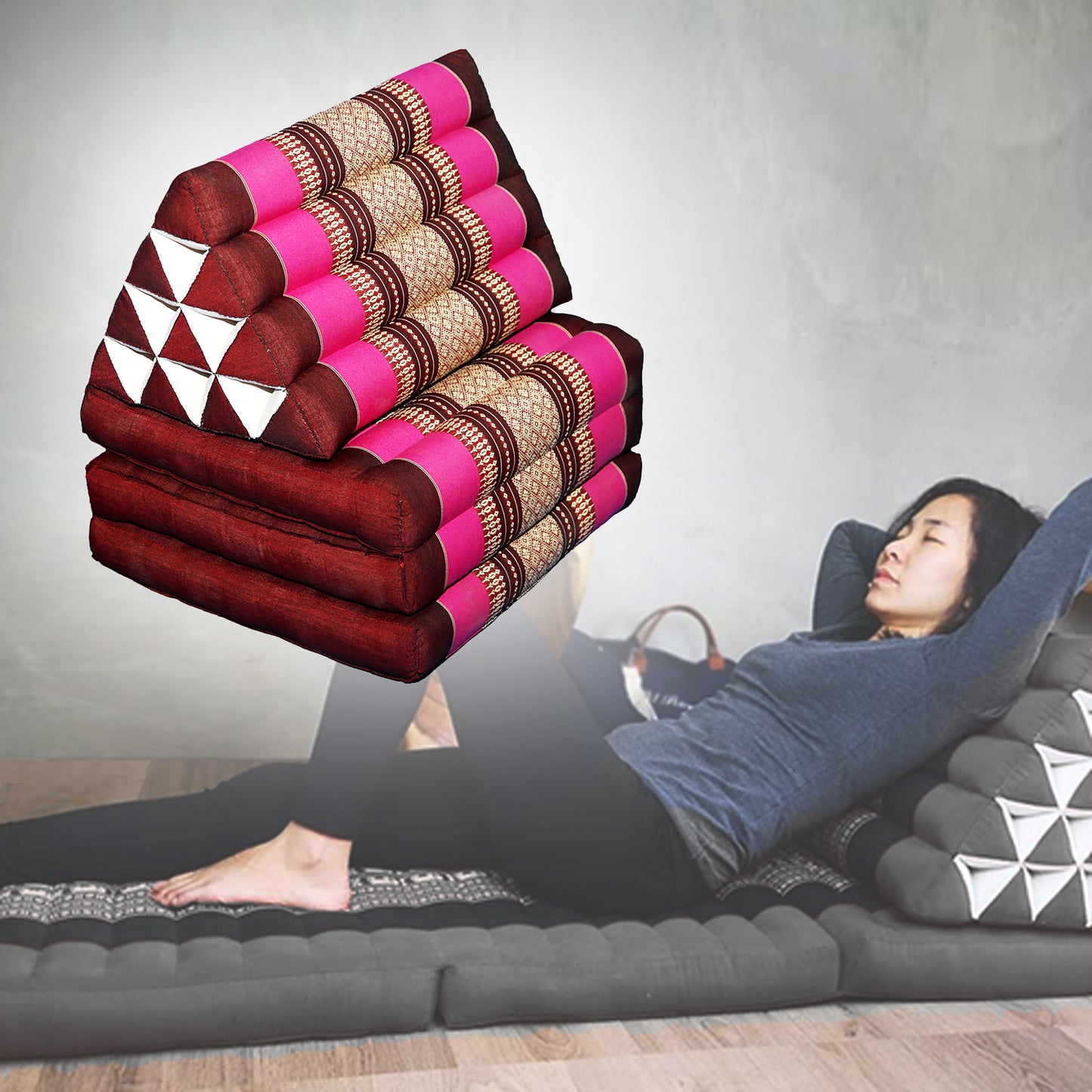 Large Thai Triangle Pillow – 3 Fold Floor Cushion | Handmade Thai Lounge Mat & Backrest | 100% Kapok Filled