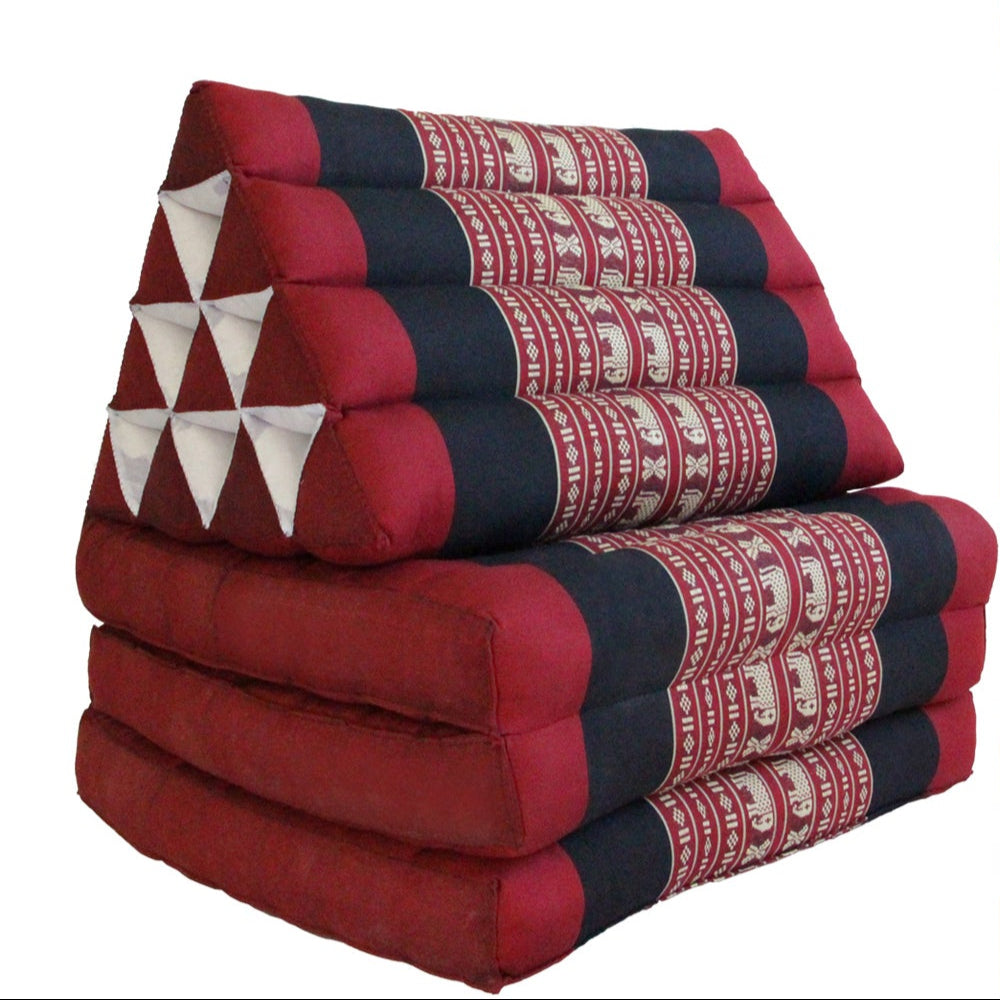 Collage of a red and black patterned folding mattress with people using it in various settings, featuring the Mango Trees brand.