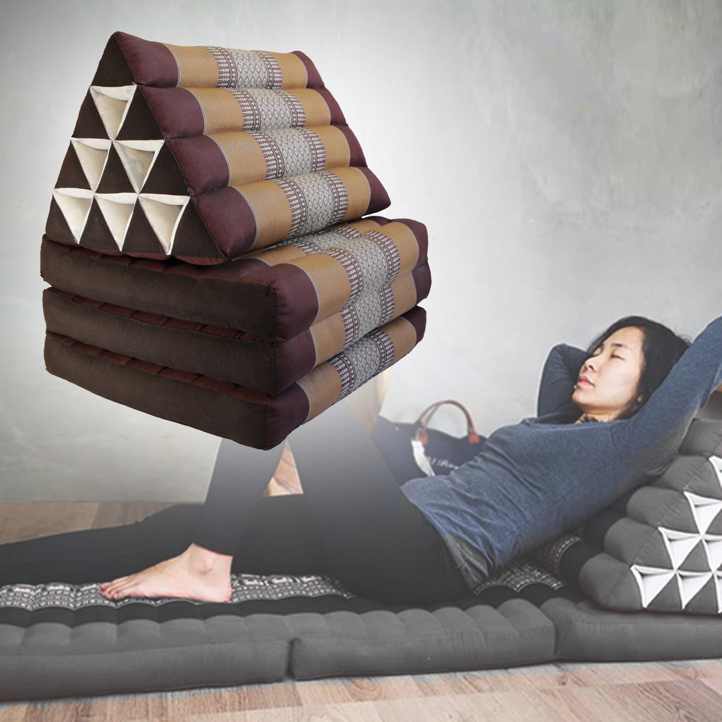 Large Thai Triangle Pillow – 3 Fold Floor Cushion | Handmade Thai Lounge Mat & Backrest | 100% Kapok Filled