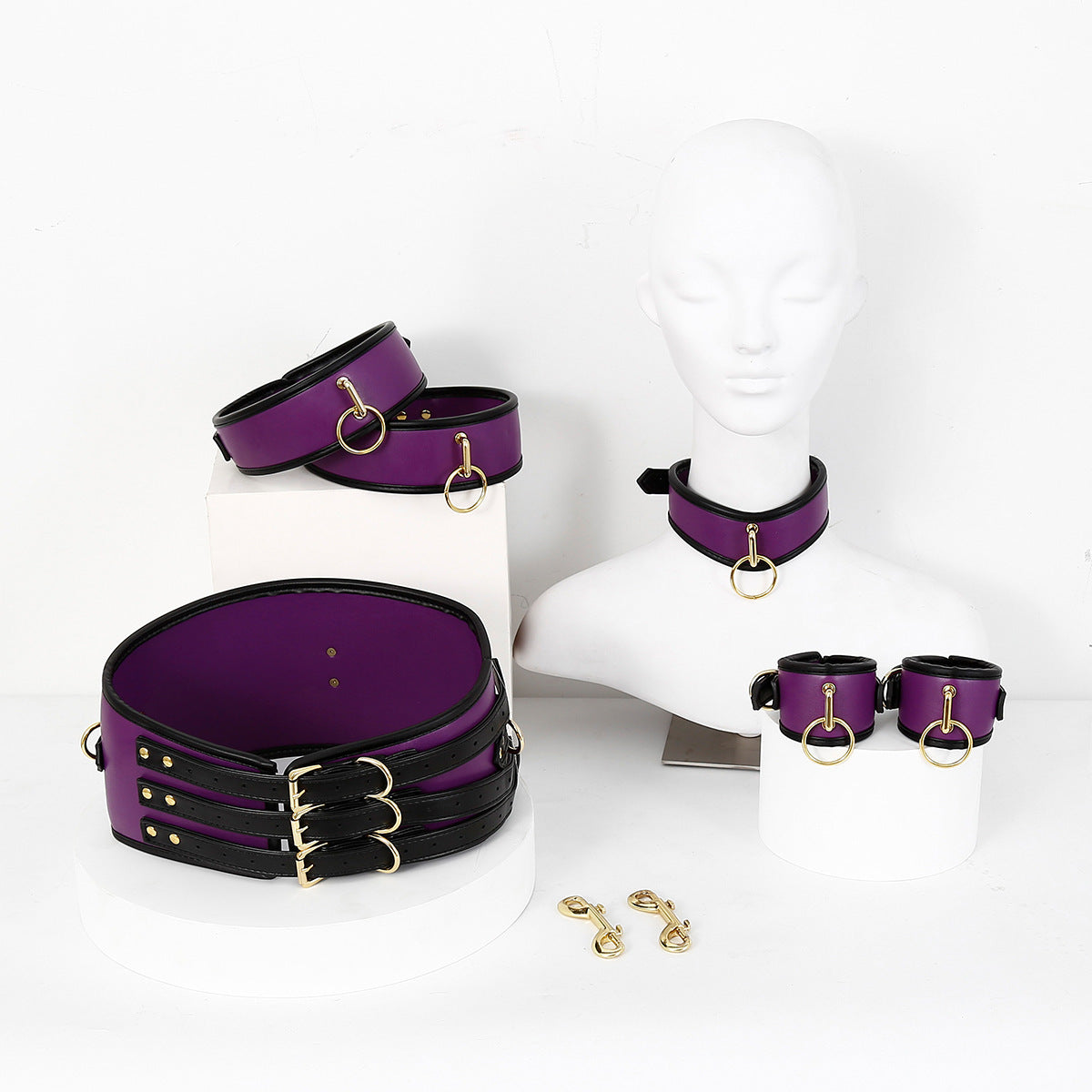 PU Leather Bondage Restraint Set - Collar Waist Belt Cuffs & Connectors (Purple)