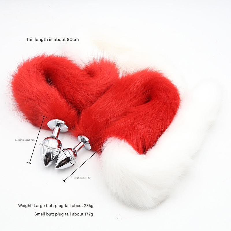 Faux Fur Tail with Metal Anal Plug - Cosplay Novelty Accessory (White/Red Small)