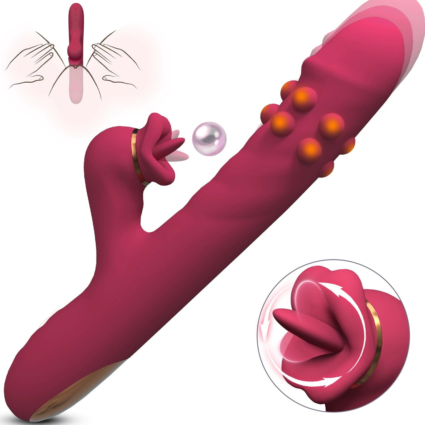 Red Women's Vibrating Wand with Tongue-Licking and Rotating Beads - Telescopic Adult Pleasure Device (23.5 x 3.5cm, 310g)