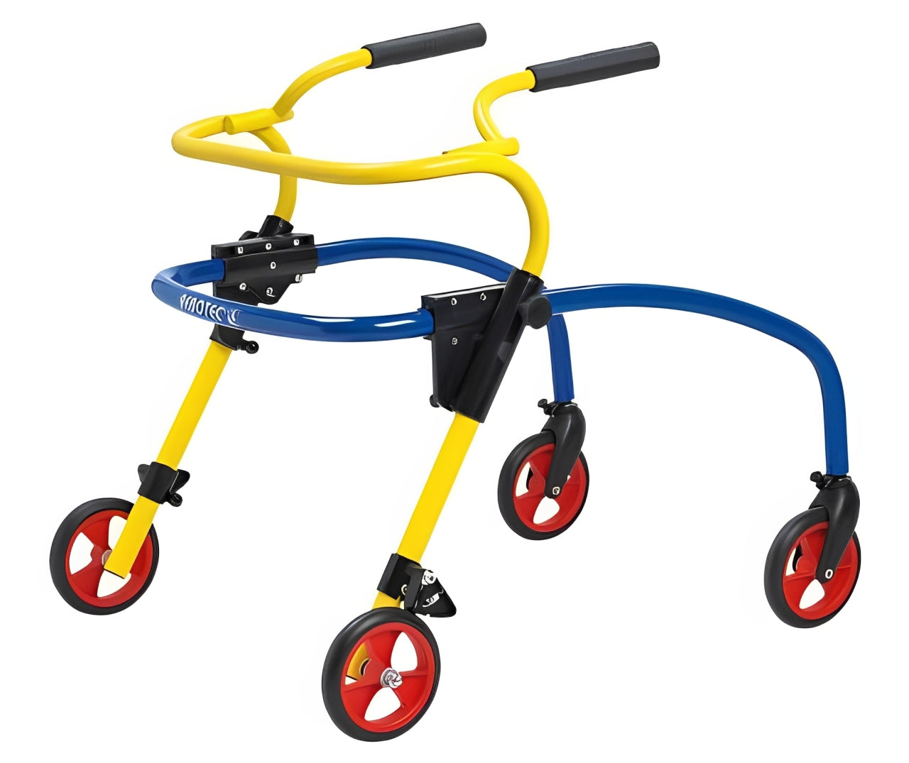 Yellow and blue walker with red wheels on a white background