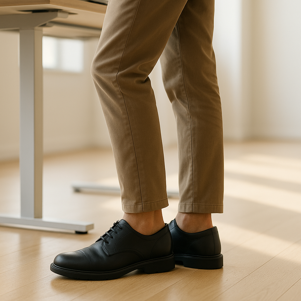 Person standing in work shoes while considering support for flat feet