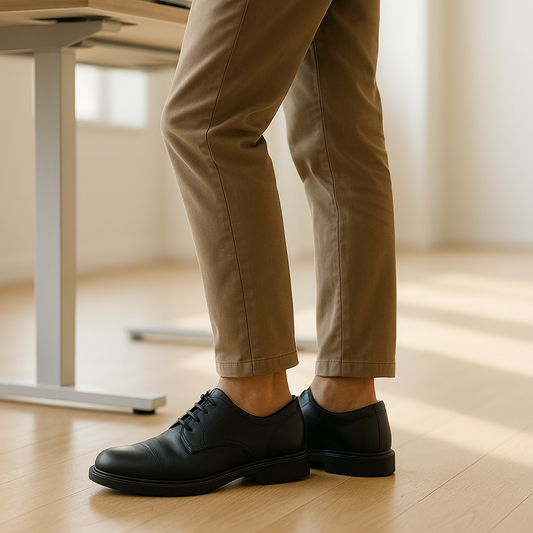 Person standing in work shoes while considering support for flat feet