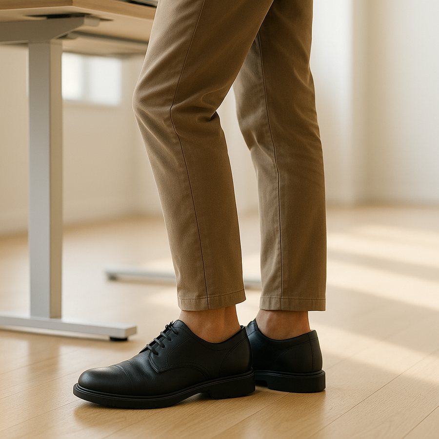 Person standing in work shoes while considering support for flat feet
