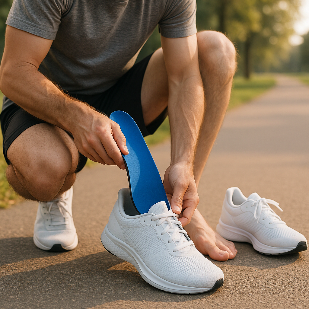 Runner fitting a removable orthotic inside a running shoe beside a park path