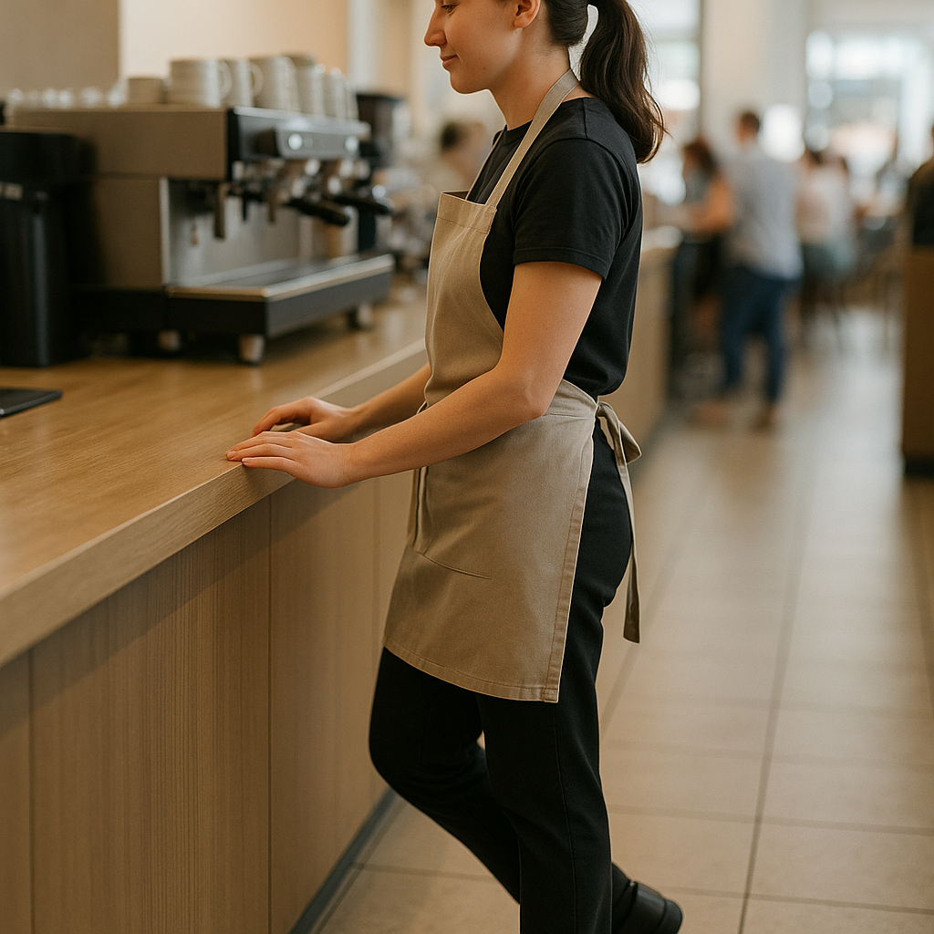 Hospitality worker standing at a counter during a long shift in comfortable work shoes