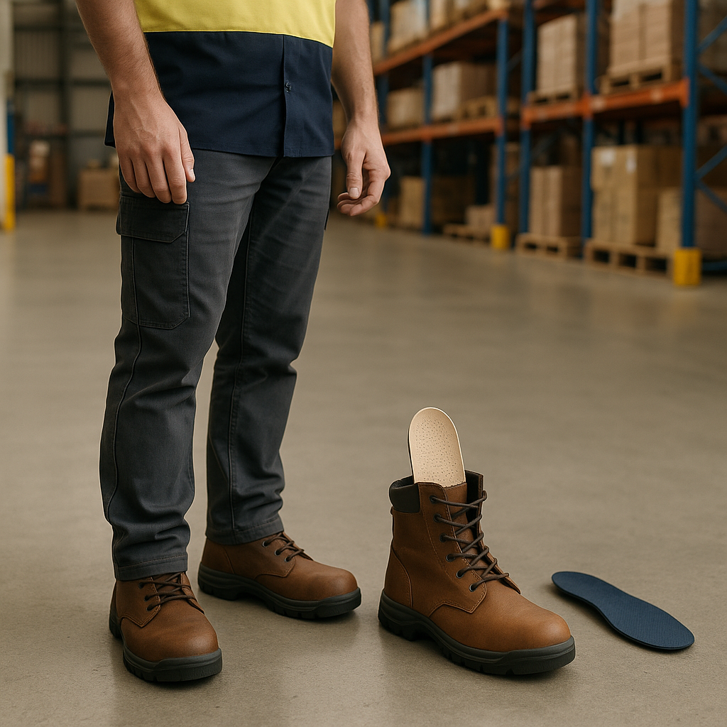 Worker checking an orthotic insert beside a steel-cap work boot