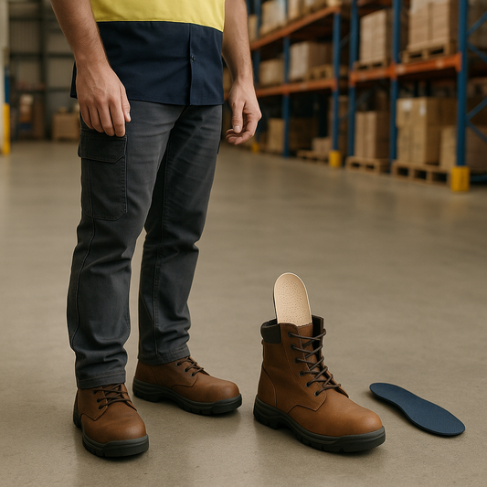 Worker checking an orthotic insert beside a steel-cap work boot