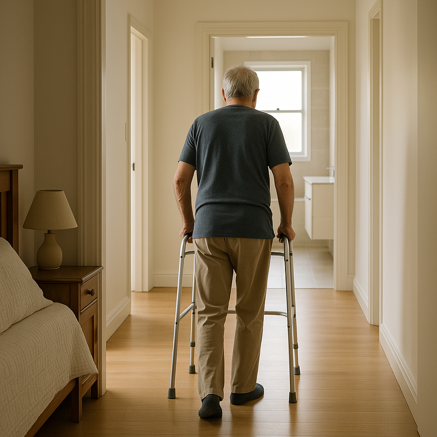 Older adult walking through a clear, well-lit hallway at home towards the bathroom