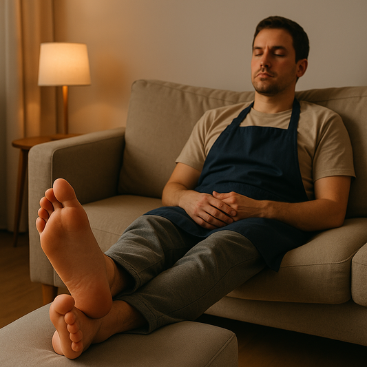 Retail worker resting with legs elevated after a long day on their feet