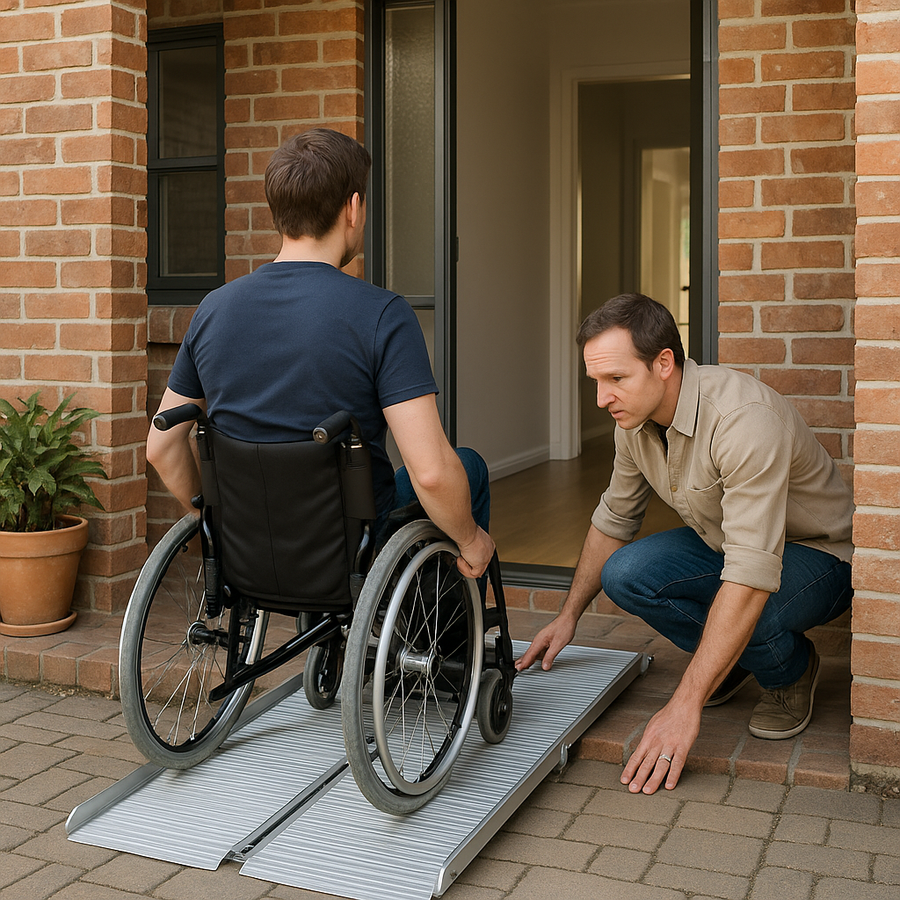 Wheelchair user approaching a home doorway with a stable portable threshold ramp