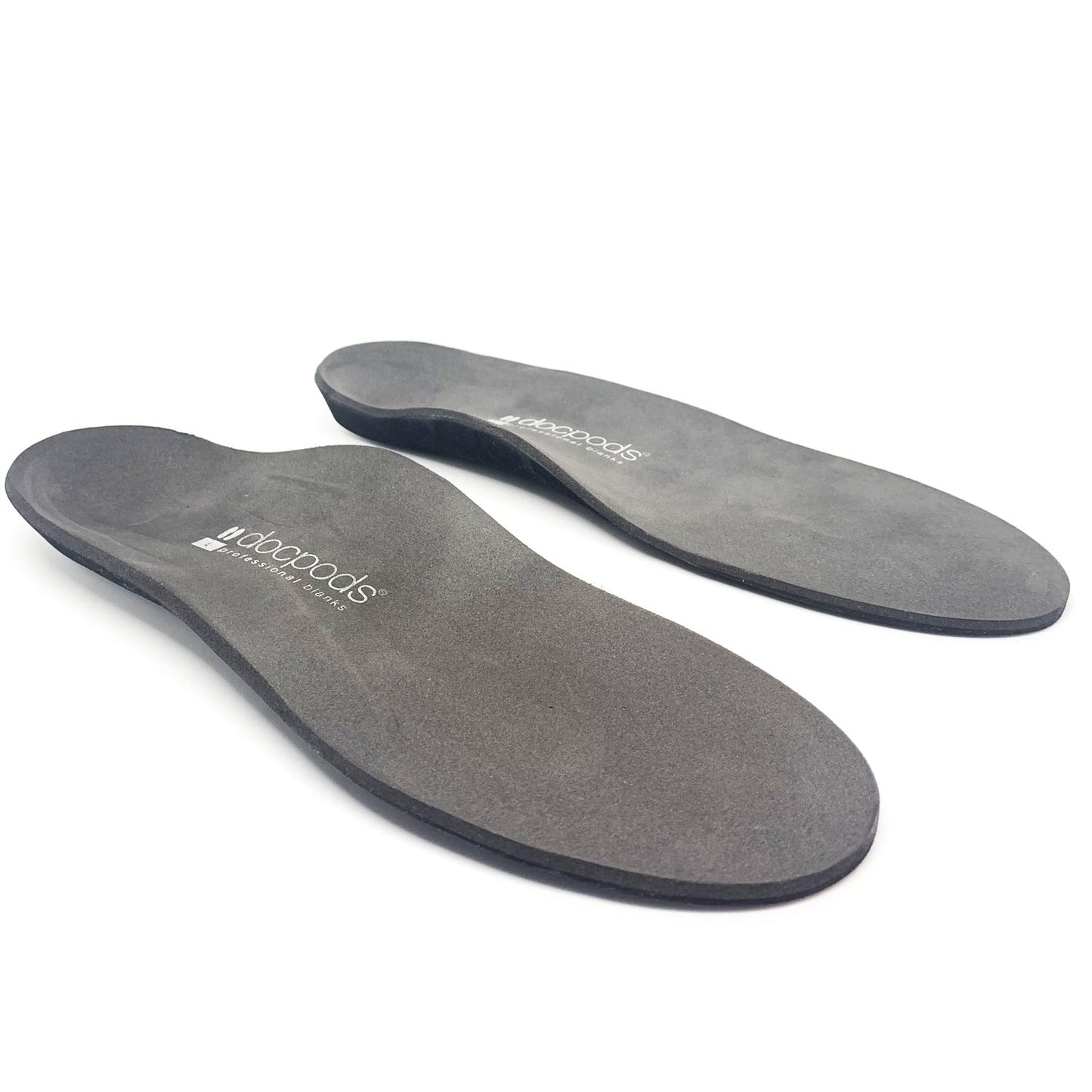 Pair of gray insoles with a brand logo on a white background