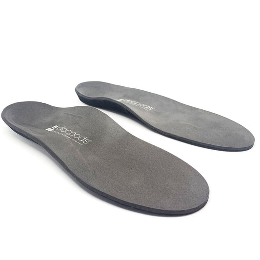 Pair of gray insoles with a brand logo on a white background