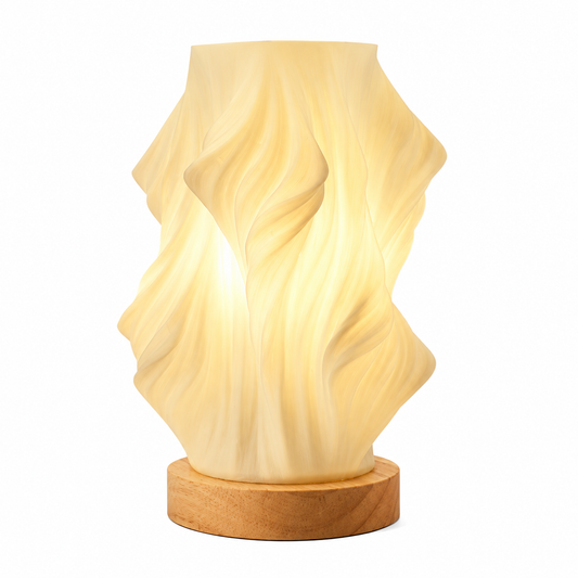 Unique Pleated Design Table Lamp - 3D Printed Washable Shade, Wooden Base, Adjustable LED (Three-star rotation)