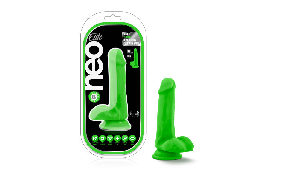 Neo Elite 6in Silicone Dual Density Cock with Balls Neon Green