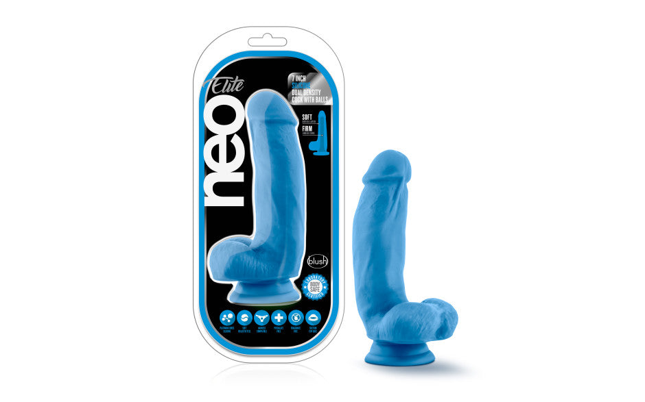 Neo Elite 7in Silicone Dual Density Cock with Balls Neon Blue