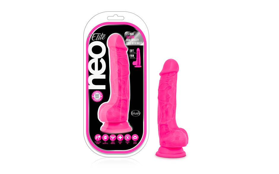 Neo Elite 7.5in Silicone Dual Density Cock with Balls Neon Pink