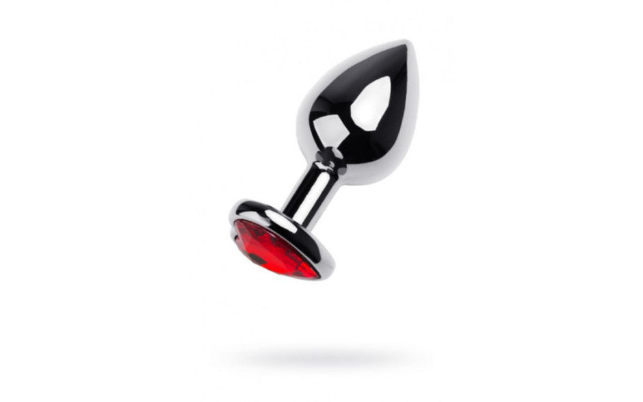 Silver Metal Anal Plug w Red Ruby Heart Crystal Medium
