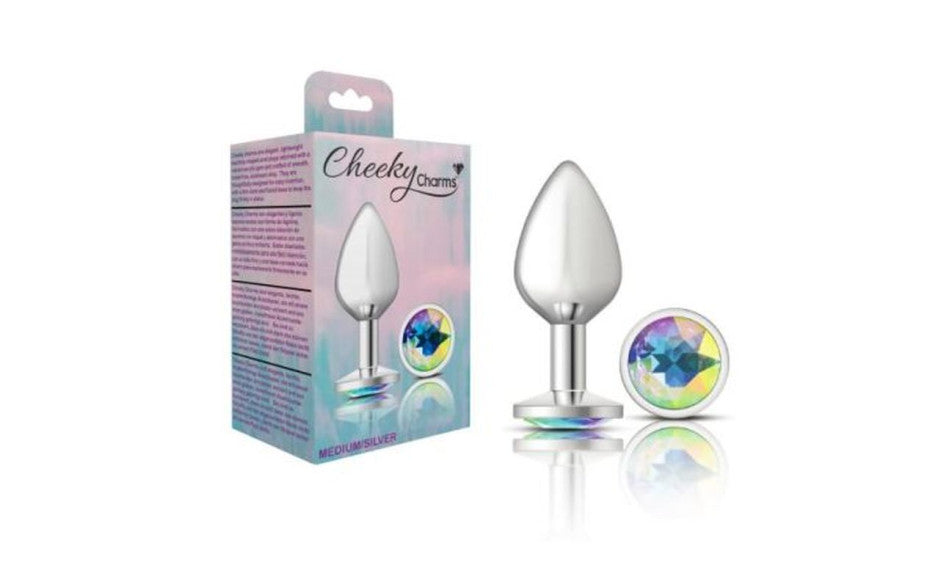 Cheeky Charms Silver Round Butt Plug w Clear Iridescent Jewel Medium