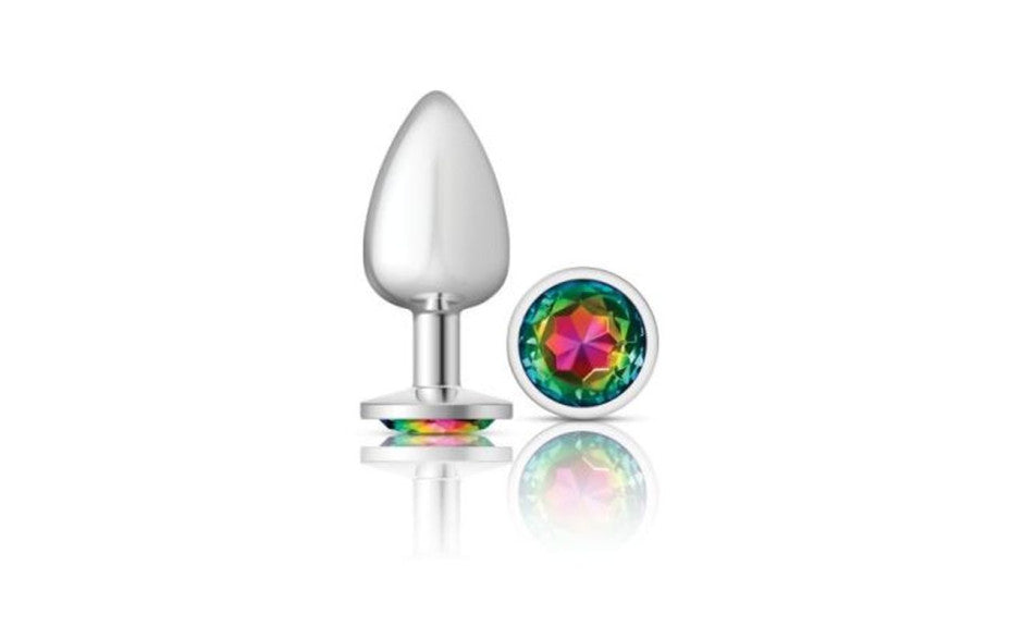 Cheeky Charms Silver Round Butt Plug w Rainbow Jewel Large