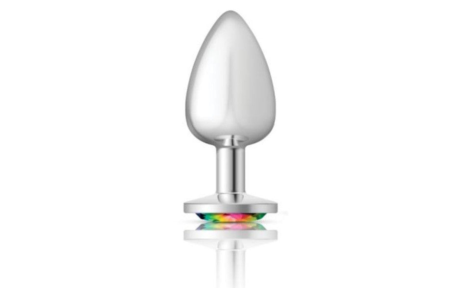 Cheeky Charms Silver Round Butt Plug w Rainbow Jewel Large