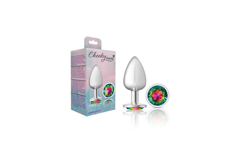Cheeky Charms Silver Round Butt Plug w Rainbow Jewel Large