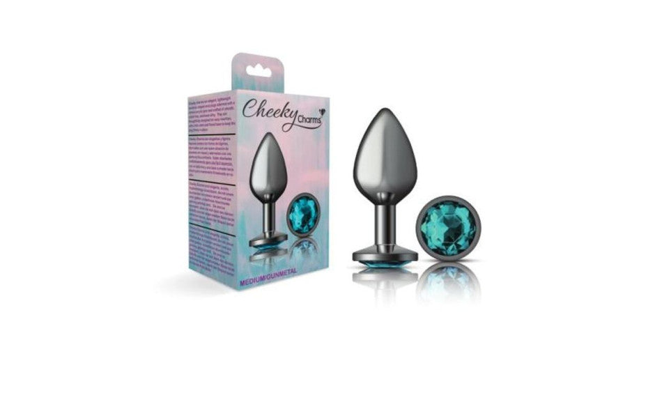 Cheeky Charms Gunmetal Round Butt Plug w Teal Jewel Medium