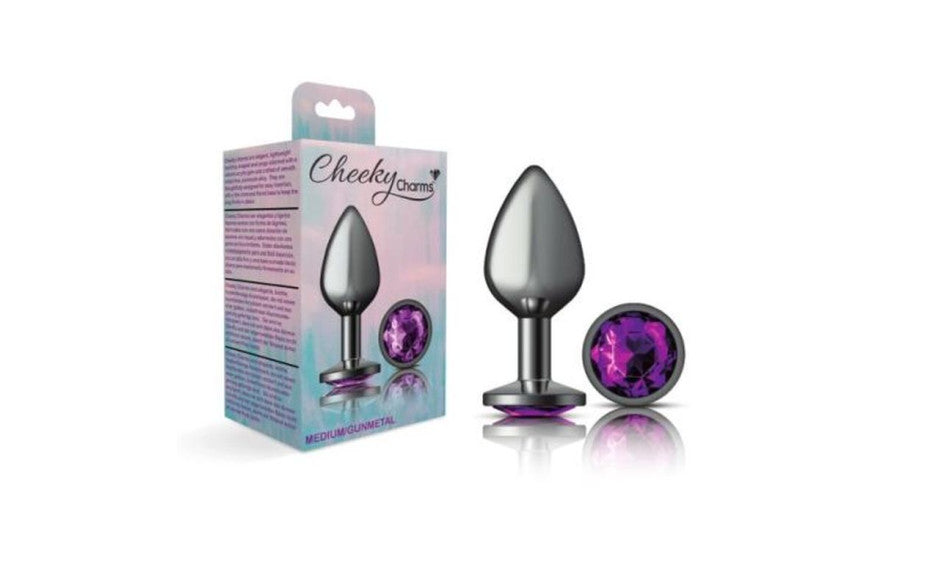 Cheeky Charms Gunmetal Round Butt Plug w Purple Jewel Medium