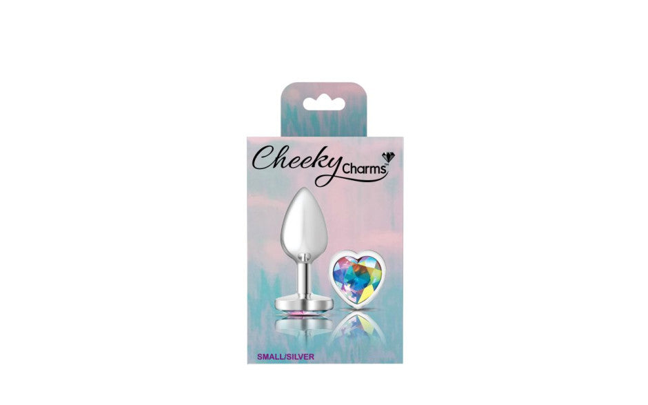 Cheeky Charms Silver Metal  Butt Plug w Heart Clear Jewel Small