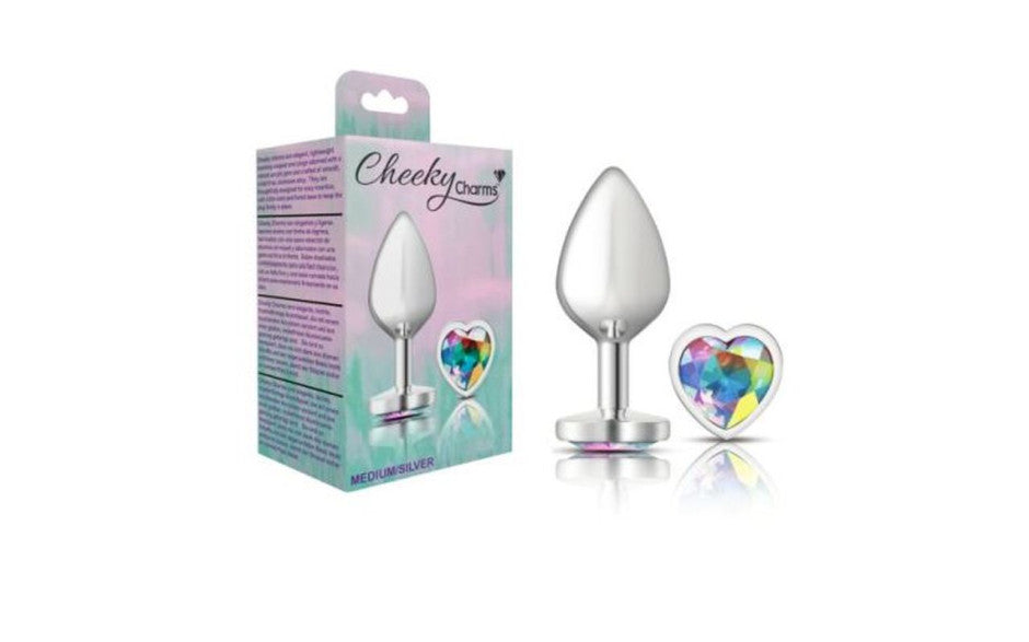 Cheeky Charms Silver Metal  Butt Plug w Heart Clear Jewel Medium