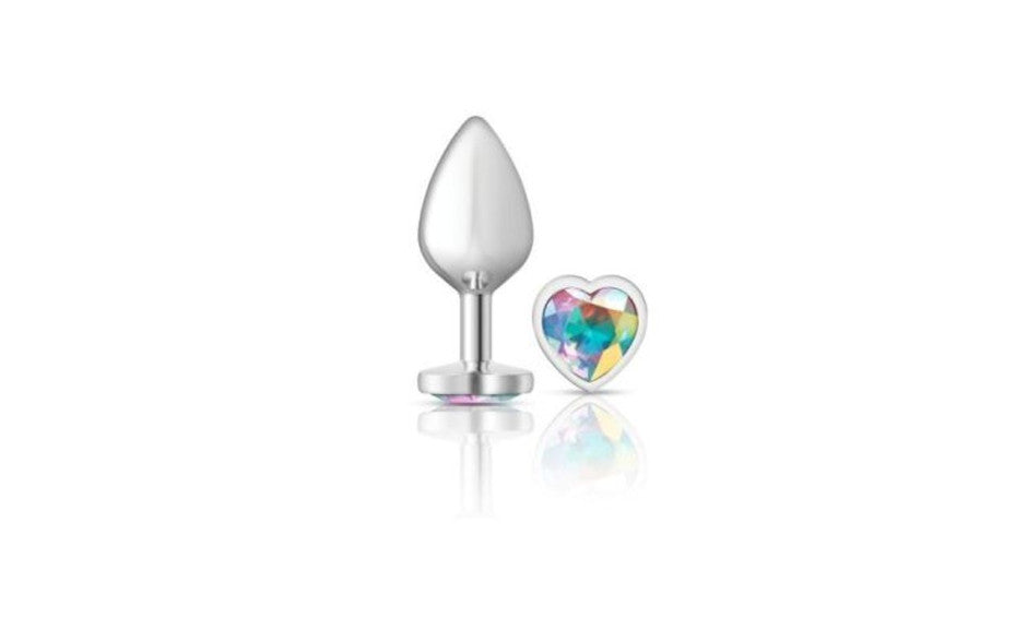 Cheeky Charms Silver Metal  Butt Plug w Heart Clear Jewel Medium
